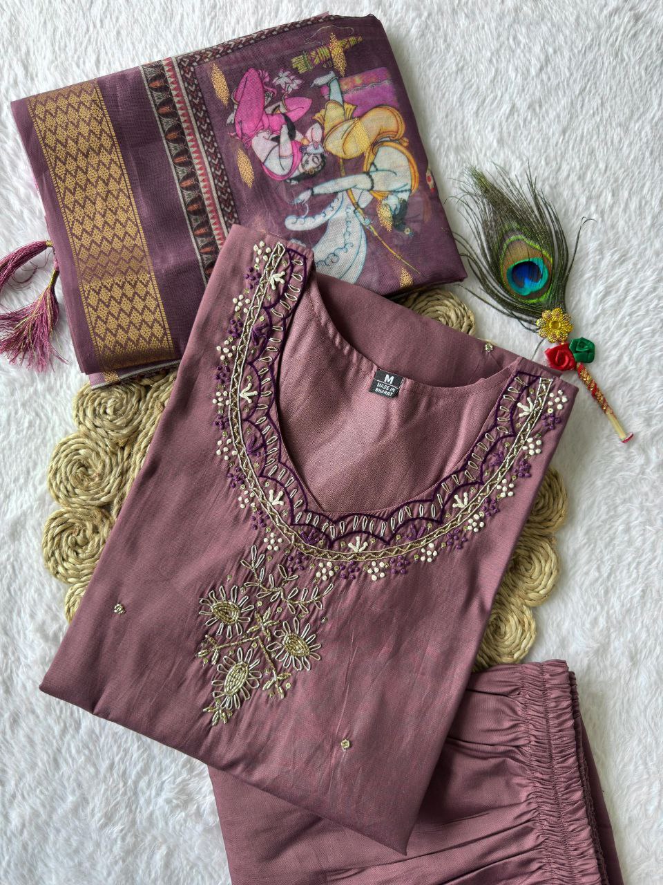 Lorenvalley Fashion Burgundy Roman Silk Hand Work Kurta Pant with Dupatta
