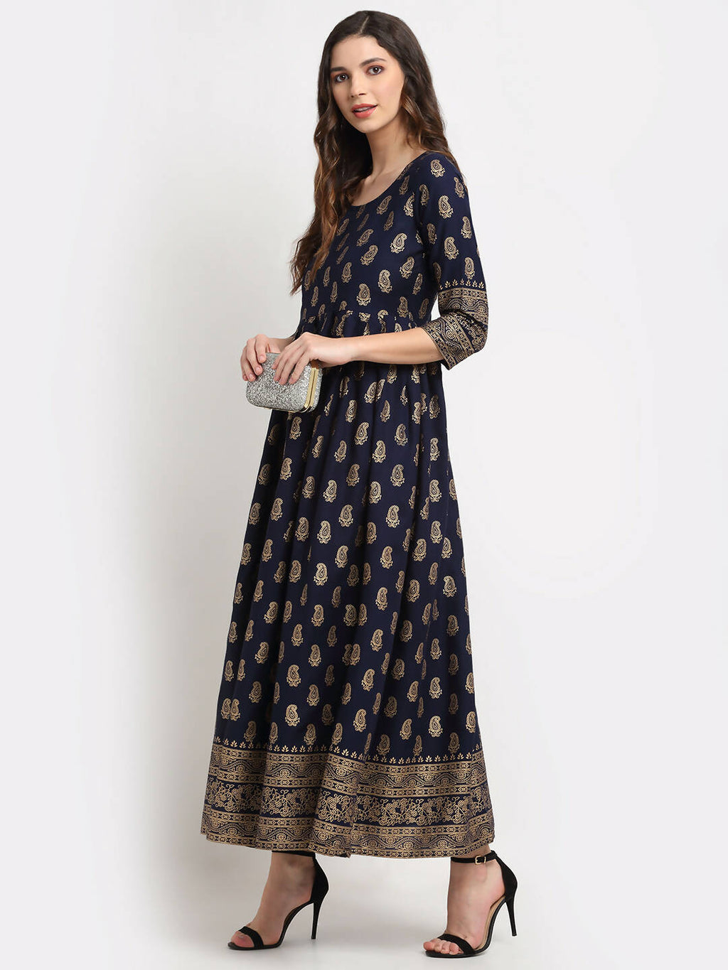 Rudra Bazaar Gold Printed A-Line Blue Kurti
