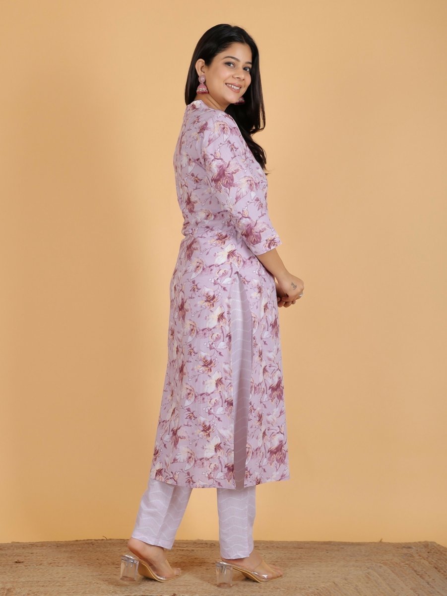 Aramya Straight Soft Cotton Gold foil Print Women's Kurta Set - Purple