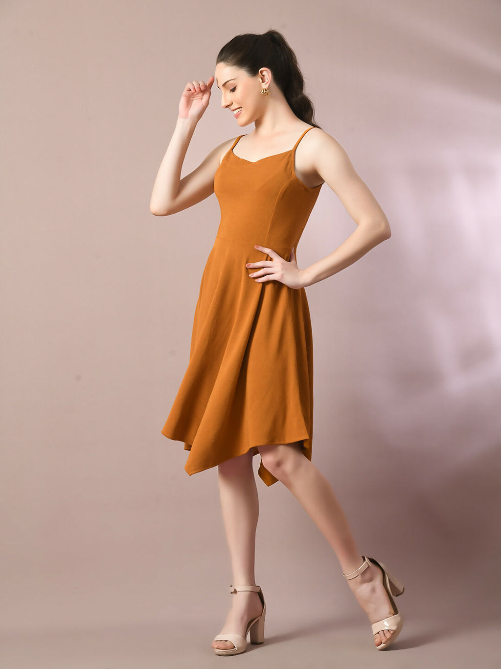 Myshka Women's Mustard Solid Shoulder Straps Fit and Flare Party Dress