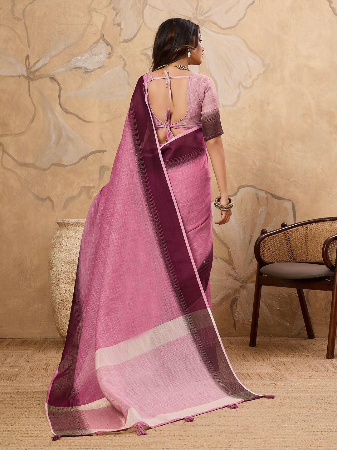 Shree Shyam Fashion Rani Pink Linen Saree