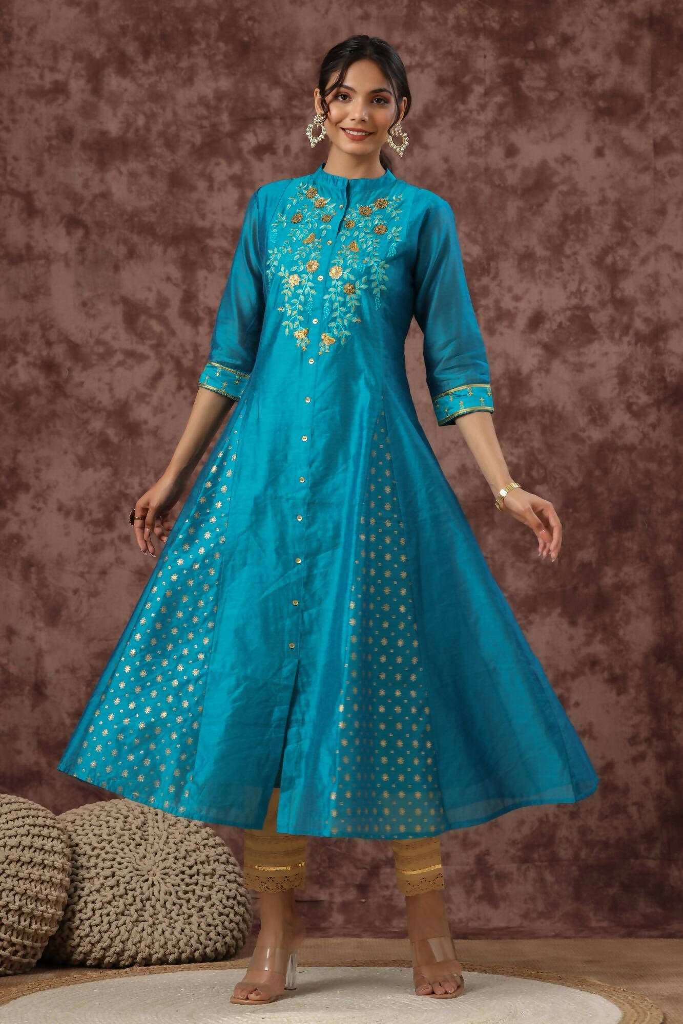 Juniper Women Teal Chanderi Silk Embroidered & Printed Anarkali Kurta