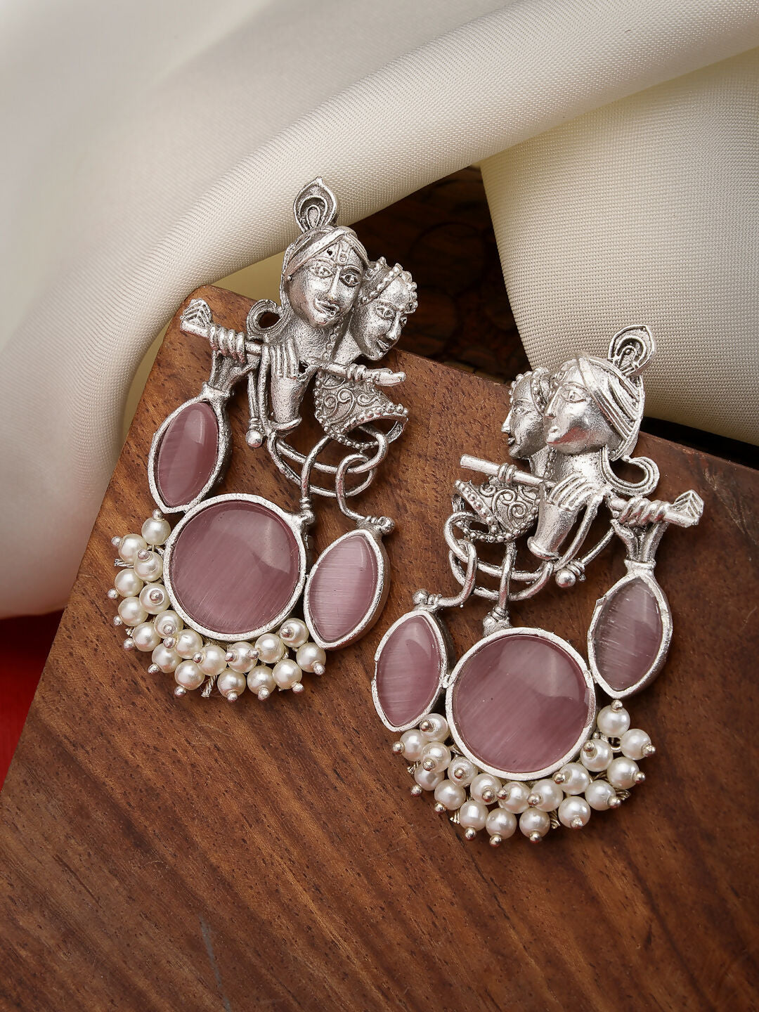 NVR Women's Silver-Plated Artificial Stones and Beads Radha Krishna Drop Earrings