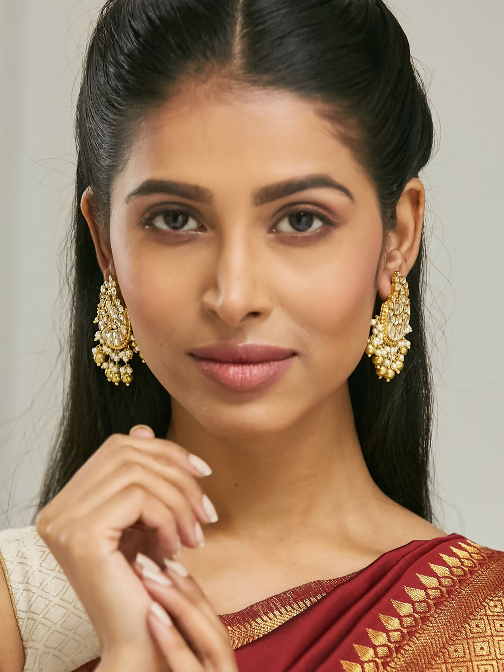 Nuyug 22K Gold-Plated Kundan Stone Studded & Pearl Drop Beaded Crescent Shaped Chandbalis