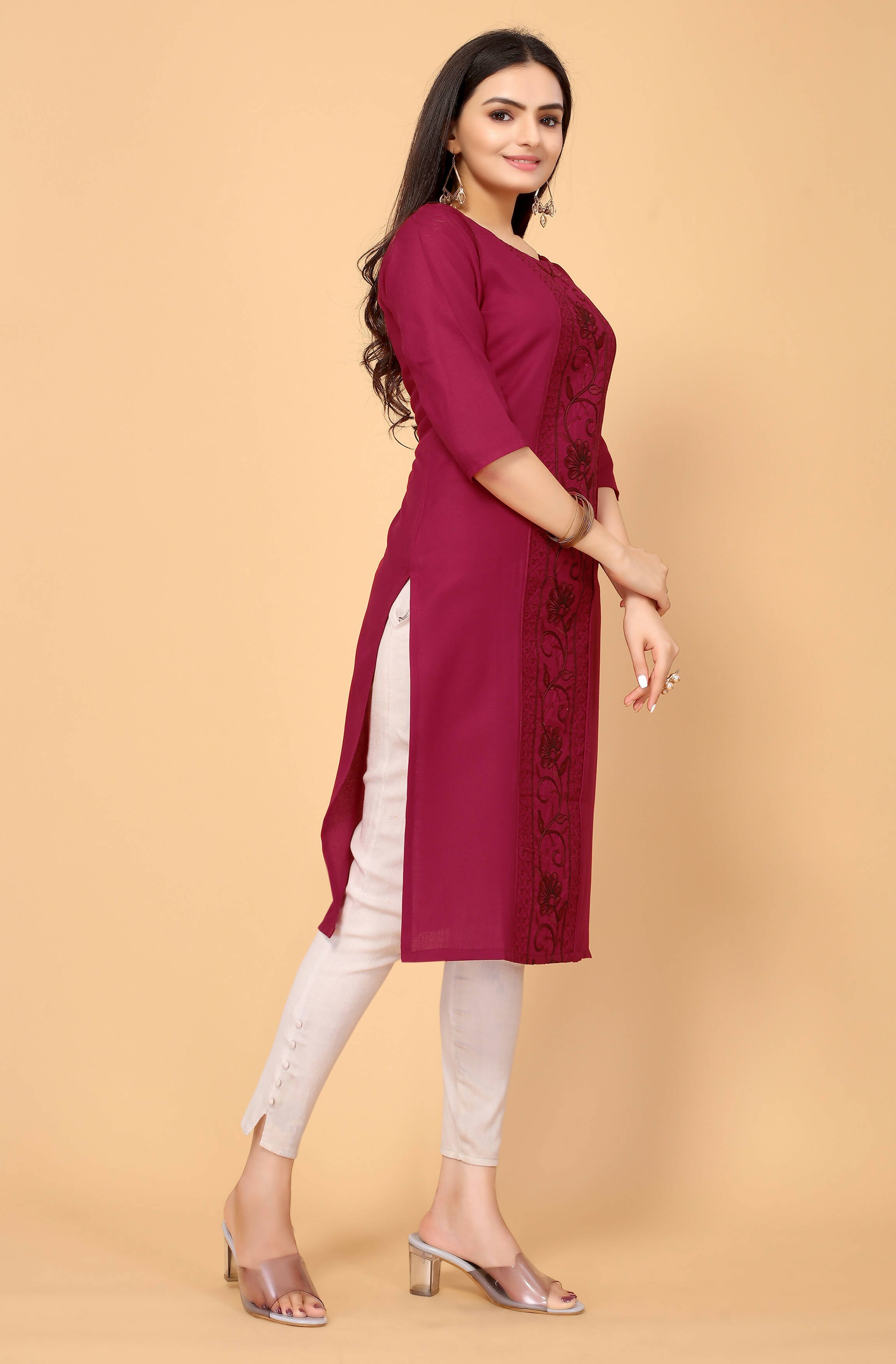 Maroon Cottan Slub Embroidery Kurti - Umi