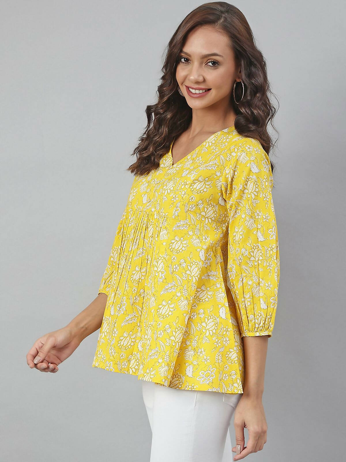 Janasya Women's Yellow Cotton Floral Print Flared Top