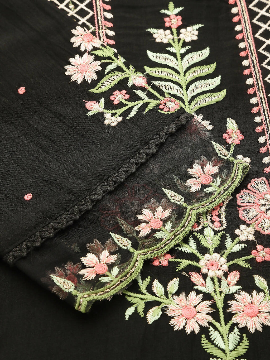Black Embroidered Chinon Straight Kurta With Trouser & Dupatta - Salimar