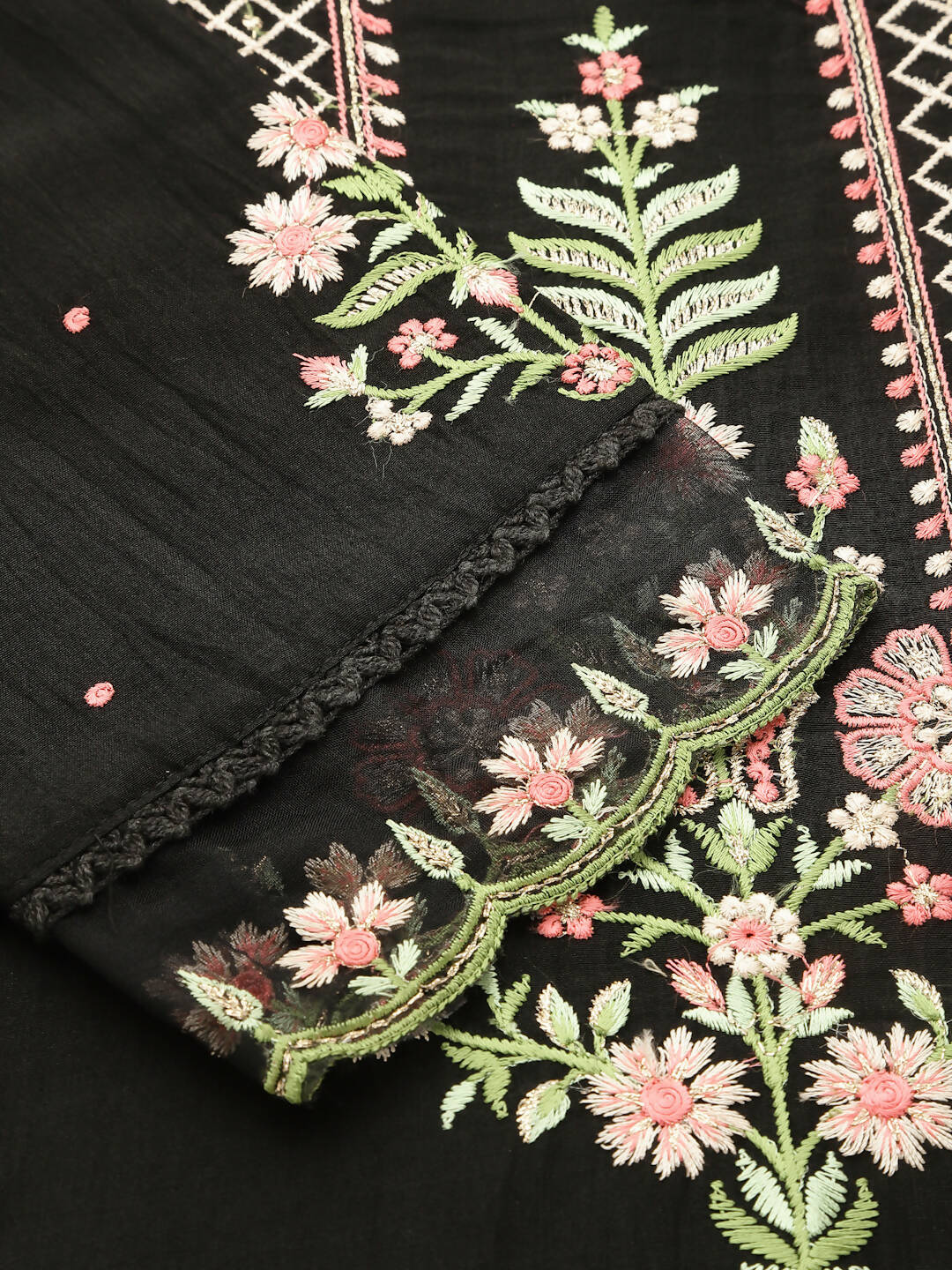 Black Embroidered Chinon Straight Kurta With Trouser & Dupatta - Salimar