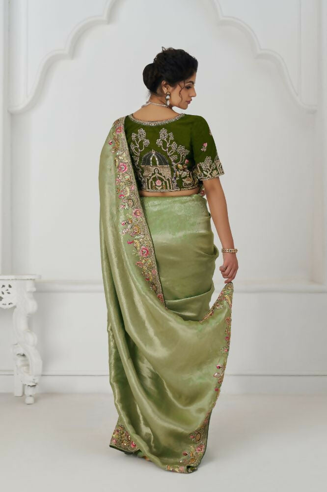 Kesar Fab Mehendi Color With Multi-Thread And Sequins Embroidery For Wedding Saree