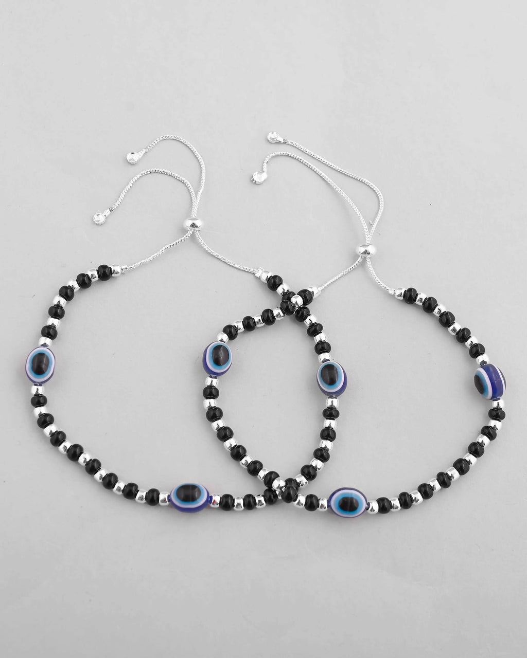 VOJ Set of 2 Silver Plated Evil Eye With Black And Silver Beads Anklet