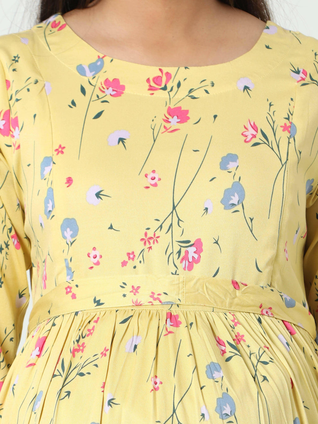Manet Three Fourth Maternity Dress Floral Print With Concealed Zipper Nursing Access - Yellow
