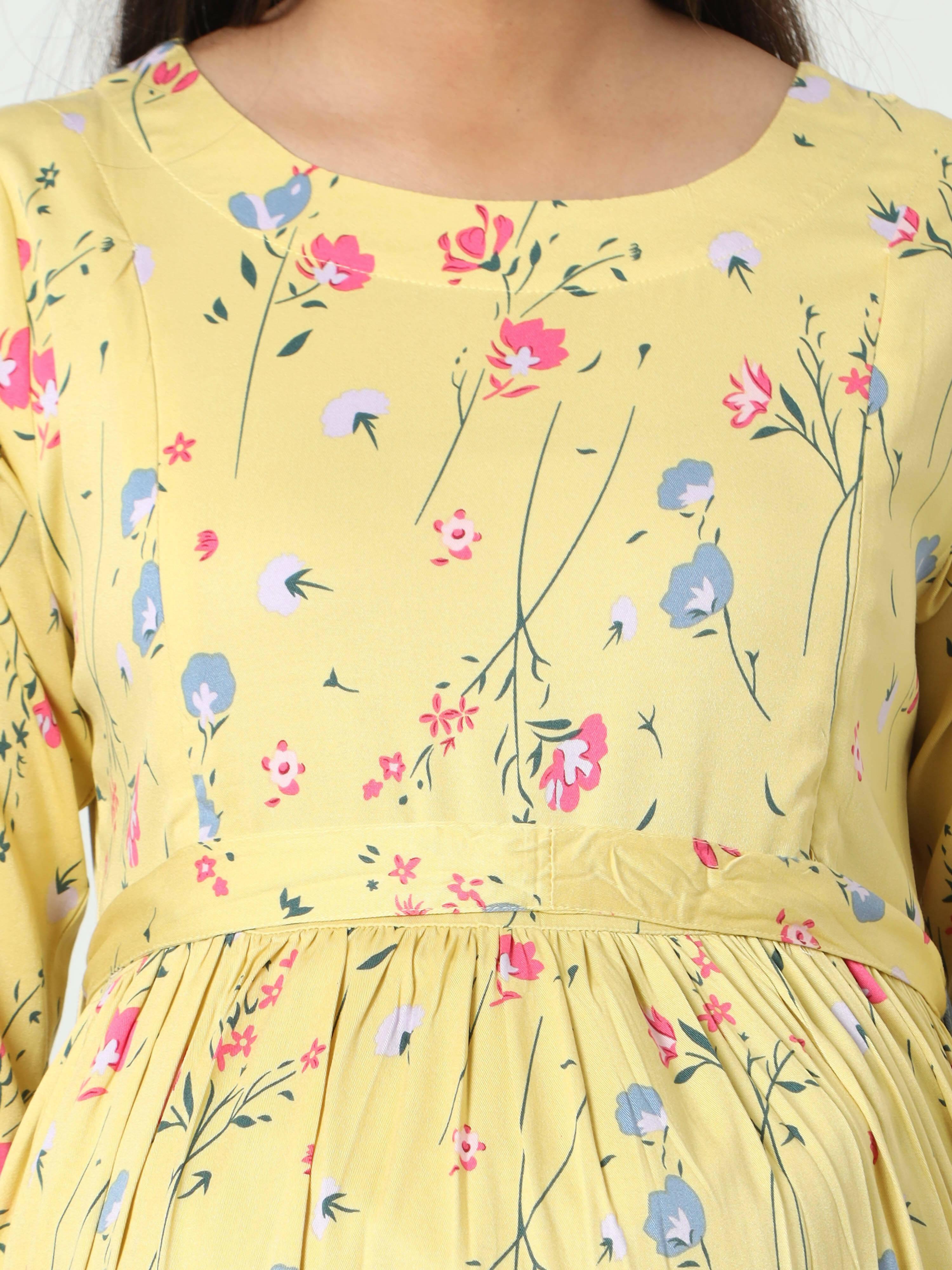 Manet Three Fourth Maternity Dress Floral Print With Concealed Zipper Nursing Access - Yellow