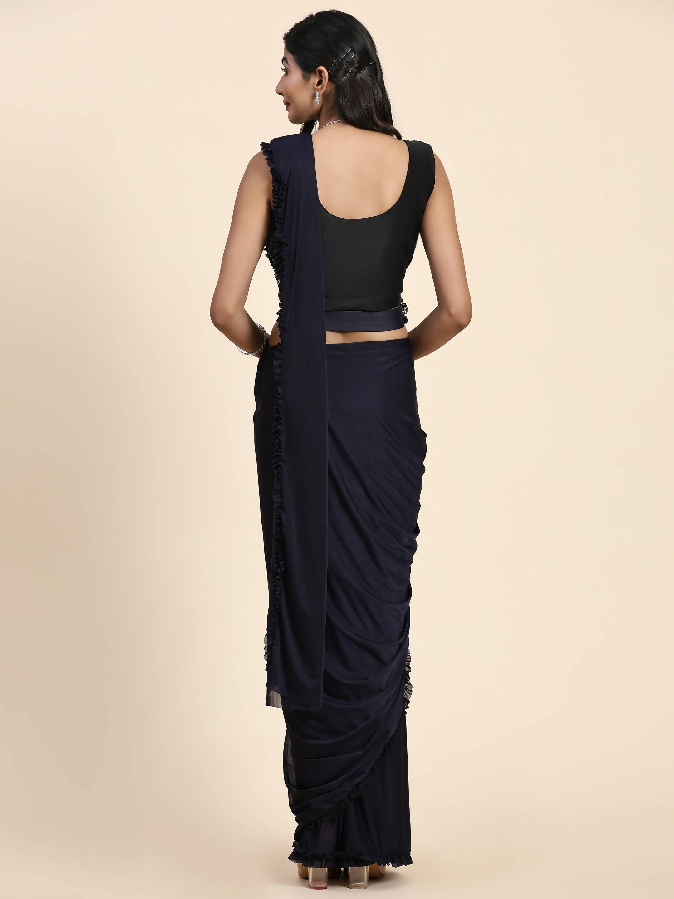 Navy Blue Imported Fabric Plain Ready to wear Saree with stitched Blouse - Vrinda