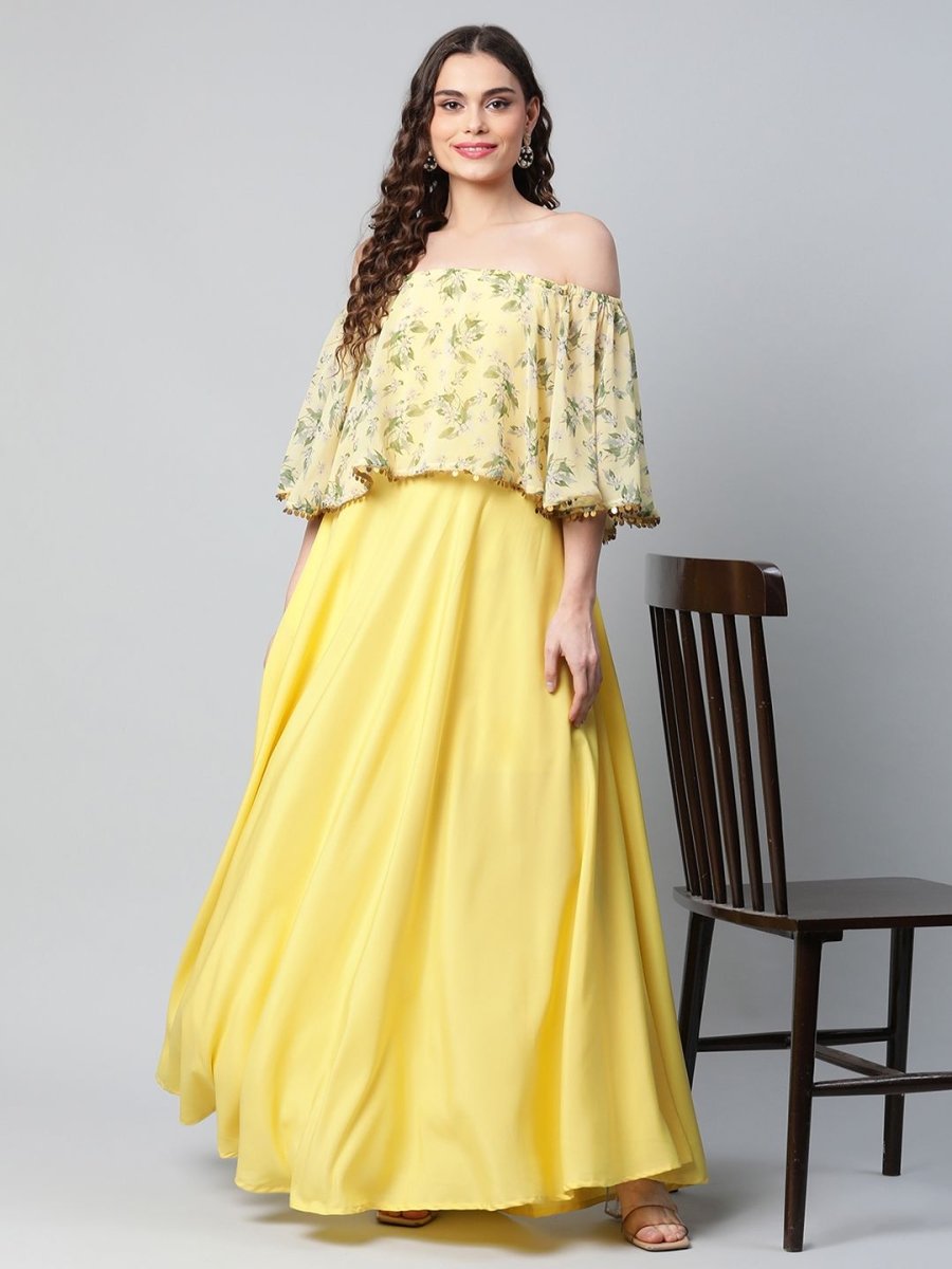 Ahalyaa Women Crepe Printed Yellow Dress