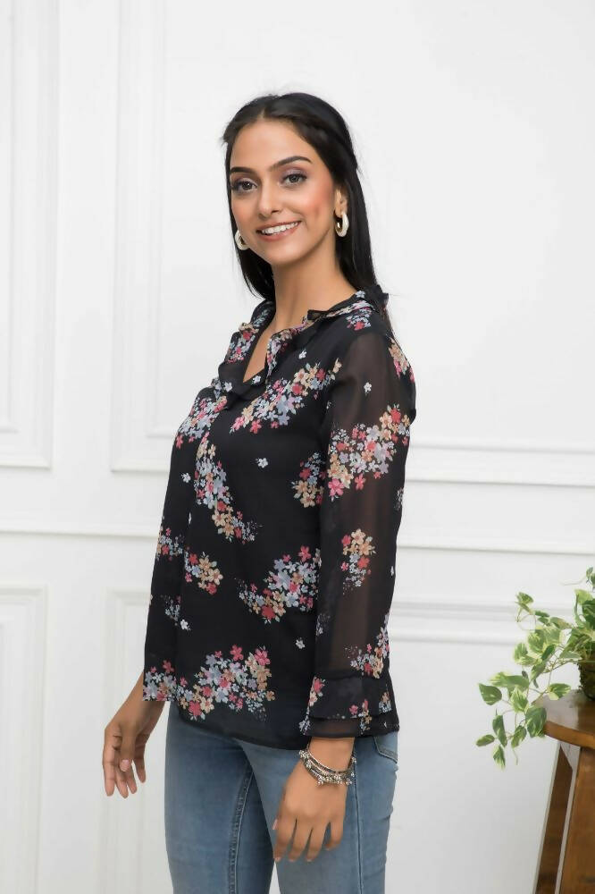 Myshka Women Black Floral V-Neck Regular Sleeves Synthetic Georgette Top