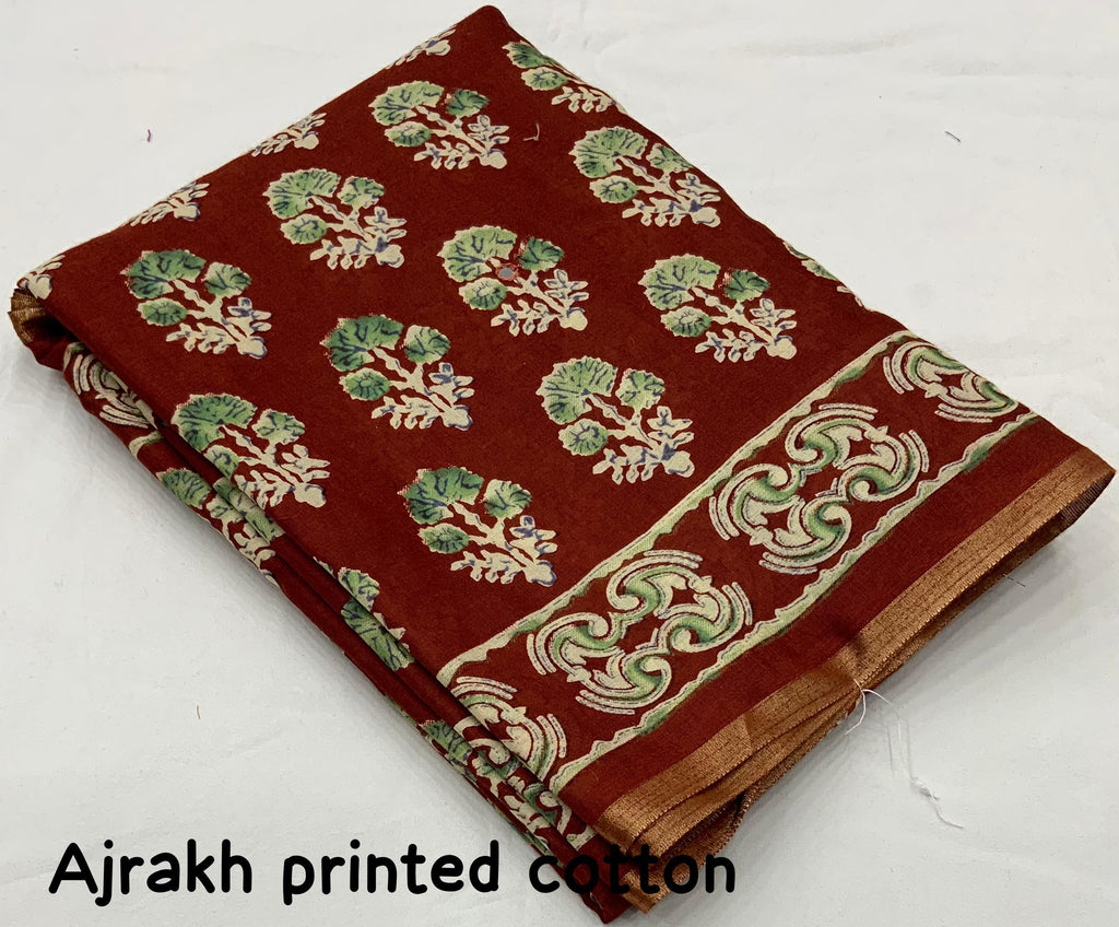 Red Cotton Blend Ajrak Saree with Unstitched Blouse - Hiral Fashion