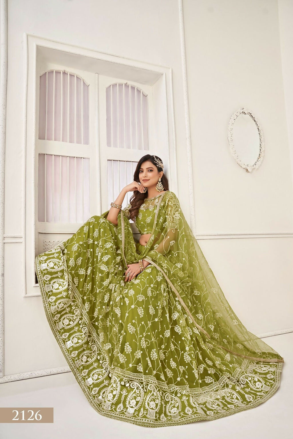 Eilara Women'S Olive Green Butterfly Net Embroidered Thread Work Party Wear Lehenga Choli
