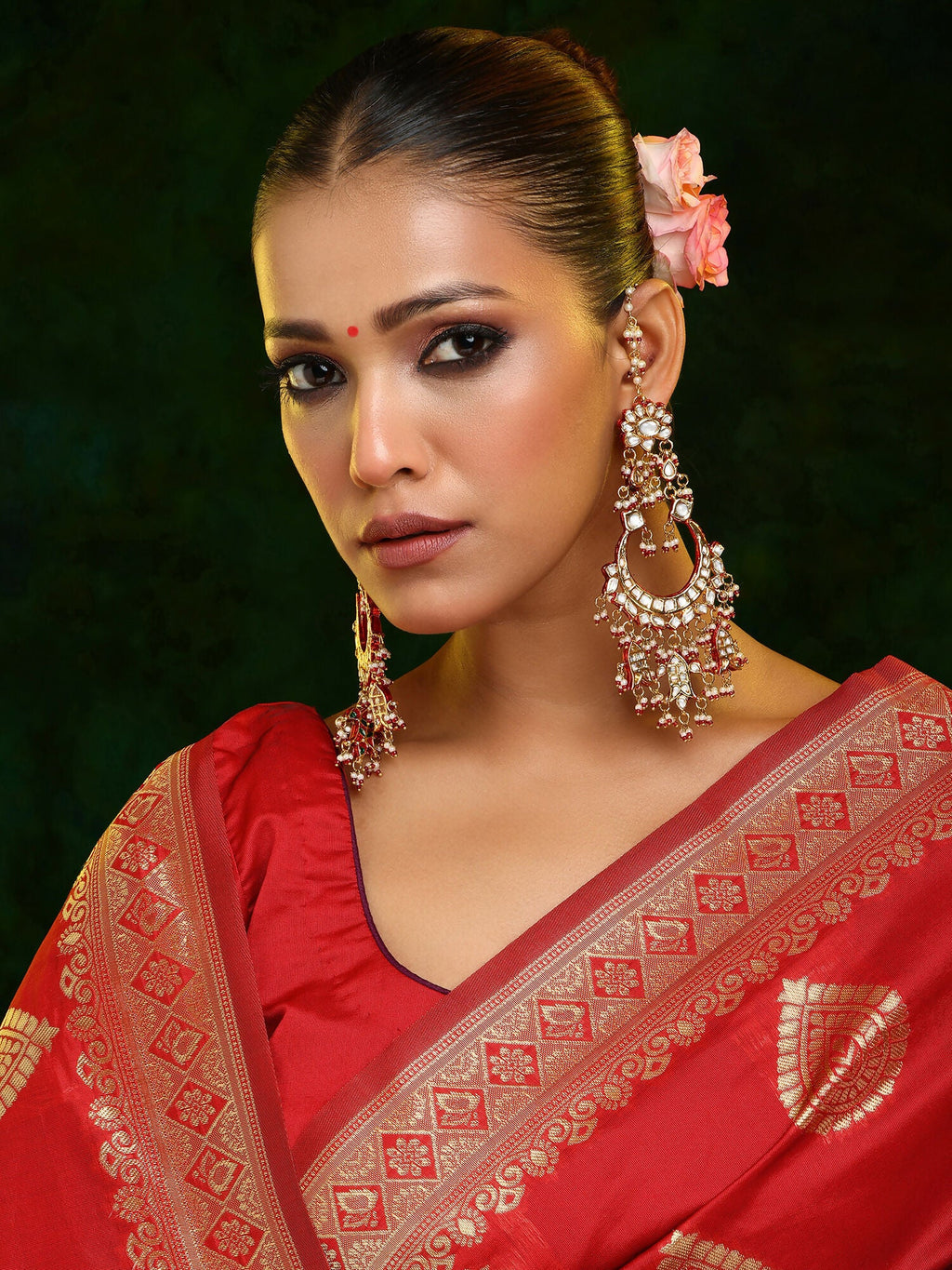 Ruby Raang 22k Gold Polished Kundan Chand Earrings With Ear Chains