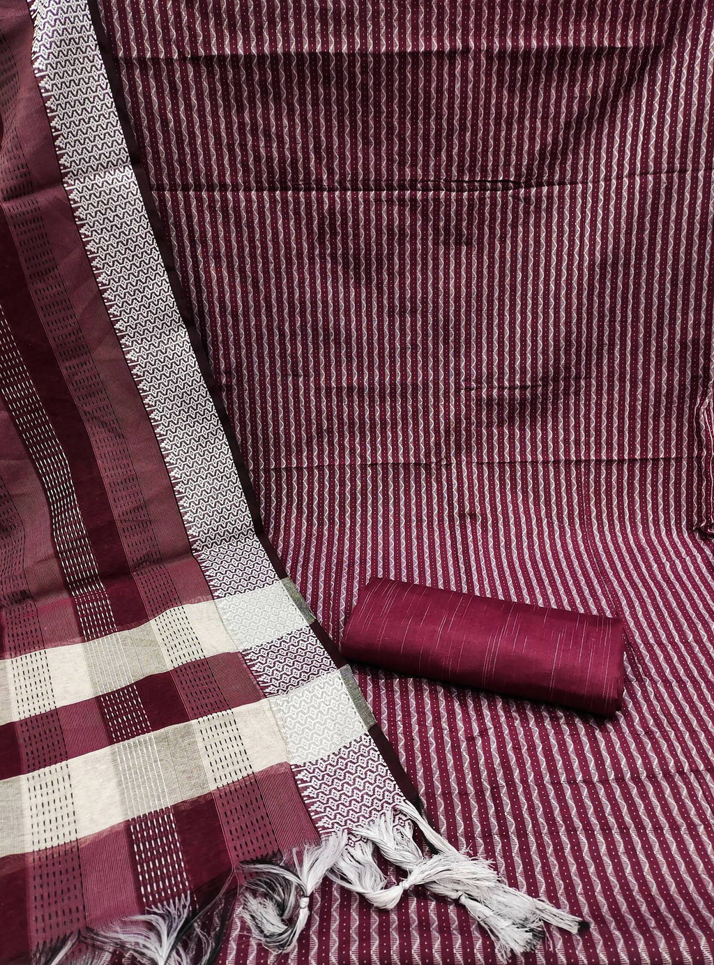 Wine Cotton Jacquard Woven Unstitched Dress Material - Amara