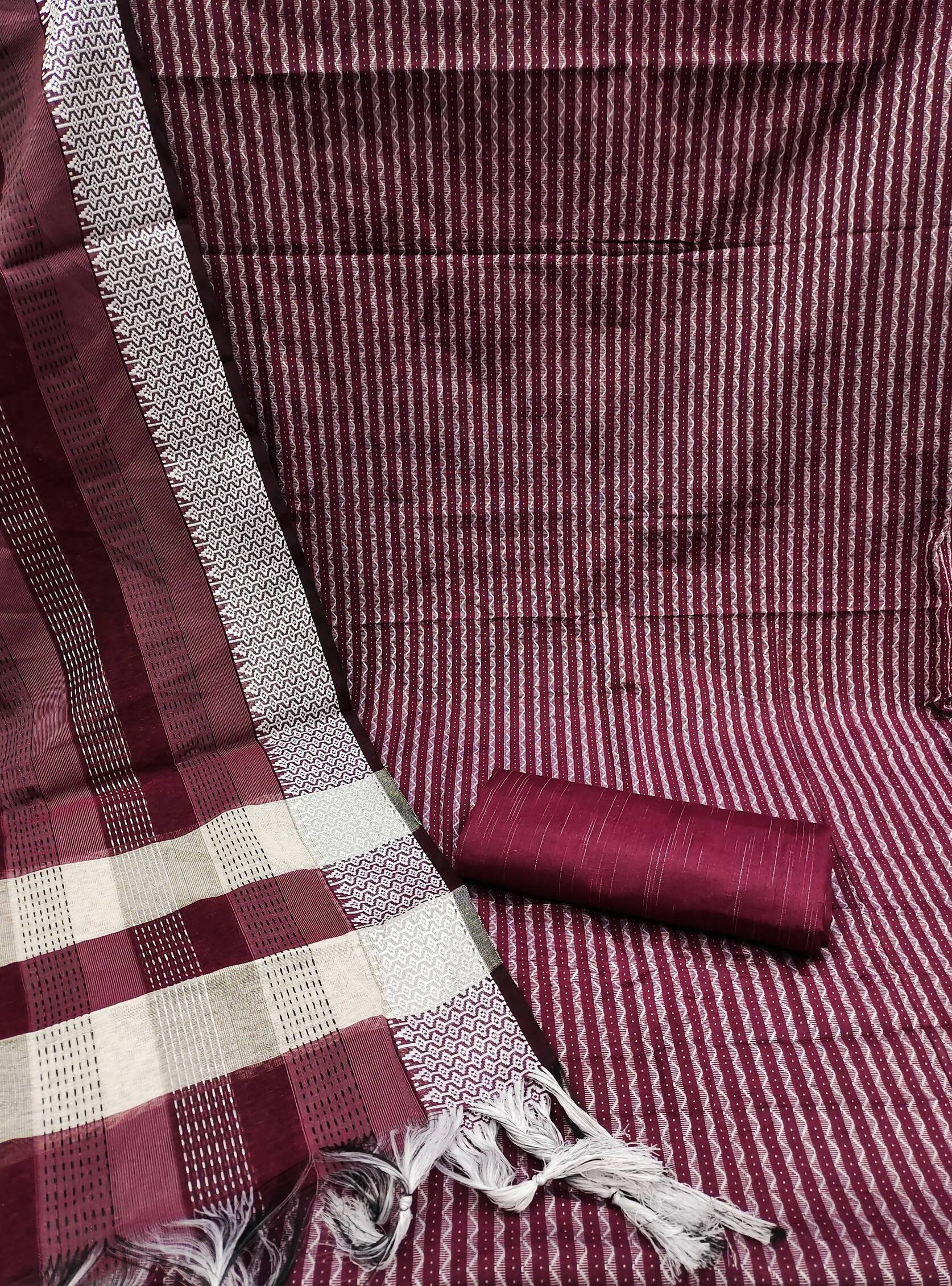 Wine Cotton Jacquard Woven Unstitched Dress Material - Amara
