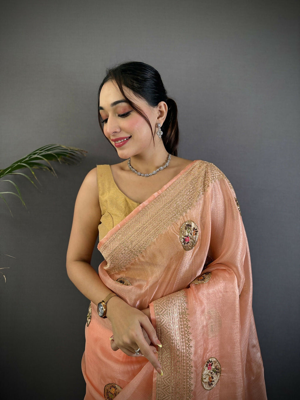 Joban Fashion Peach Handloom Banarasi Organza Silk Khatali Butta Work Saree