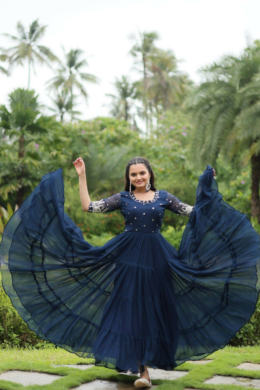 Vastranavya Premium Designer Faux Blooming with Embroidery Zari Sequins work Gown - Navy Blue