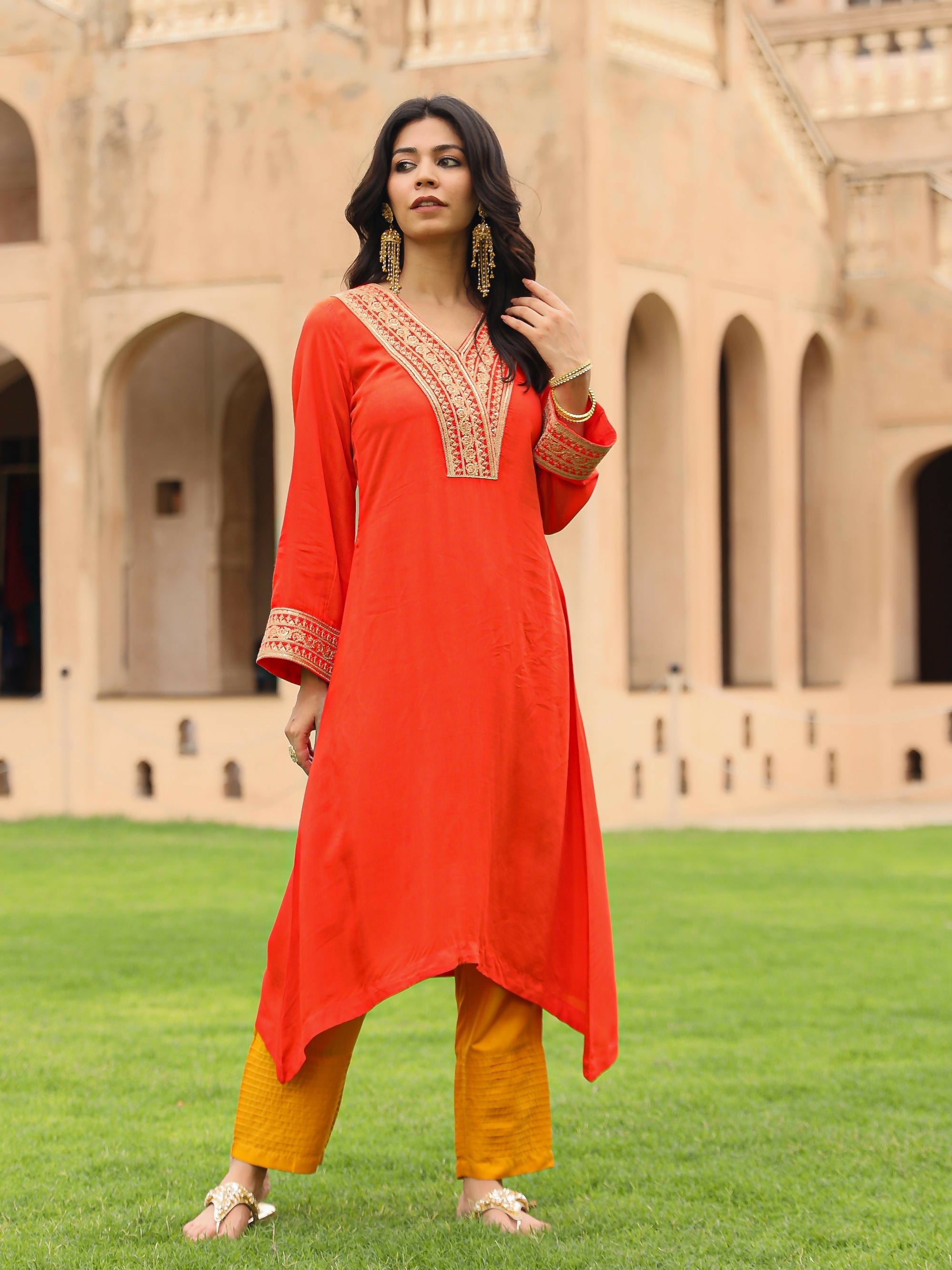 Juniper Women's The Swarna Coral Zari Embroidered Viscose Kurta & Pant Set With Sequins
