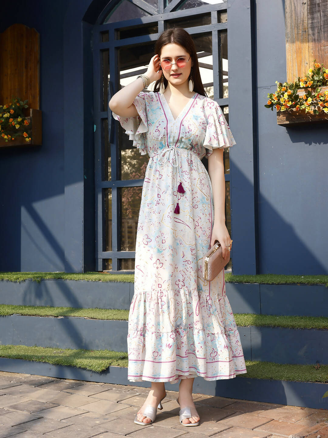 Off white Rayon Foil Printed Long Dress - Michan