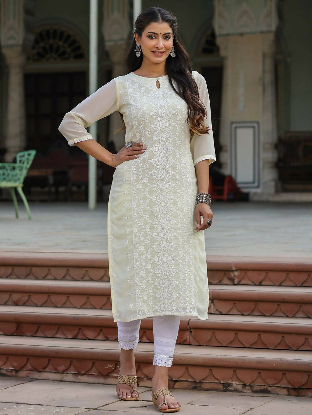 Juniper Women's Lemon Georgette Printed Kurta
