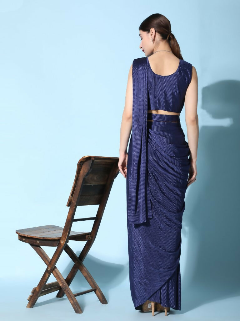 Blue Imported Crush Lycra Texture Pattern Ready to Wear Saree with stitched Blouse - Nirvana