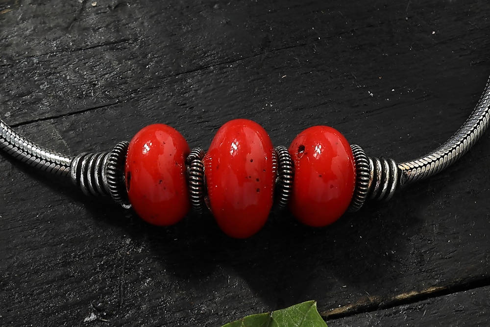 Mominos Fashion Kamal Johar Oxidised Silver With Red Beads Anklets