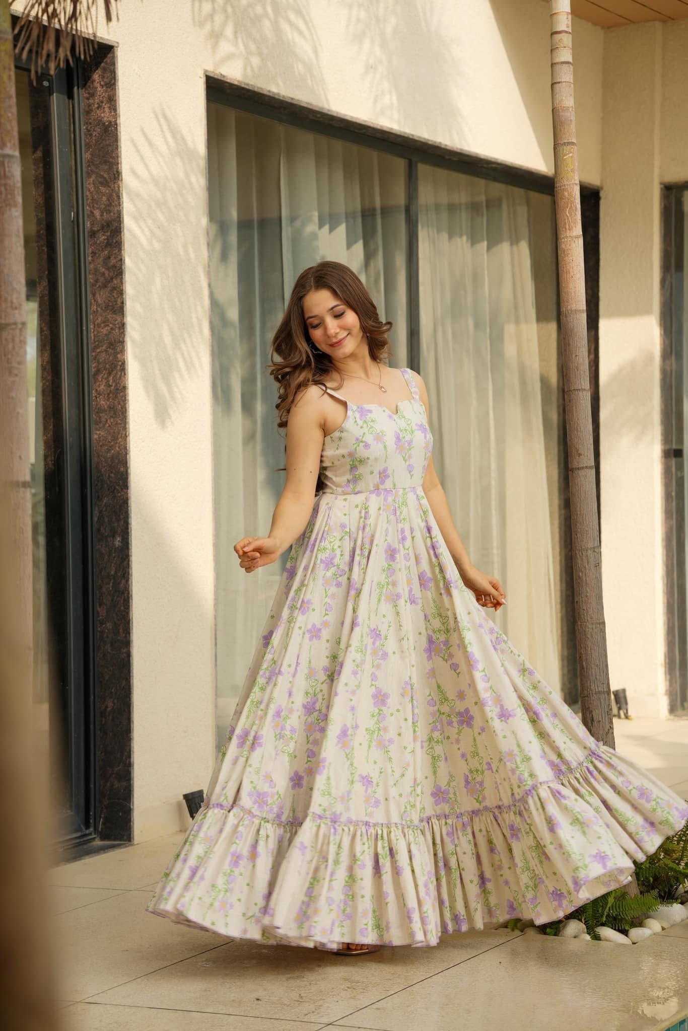 Lorenvalley Cream Rayon Floral Print Fit & Flare Gown