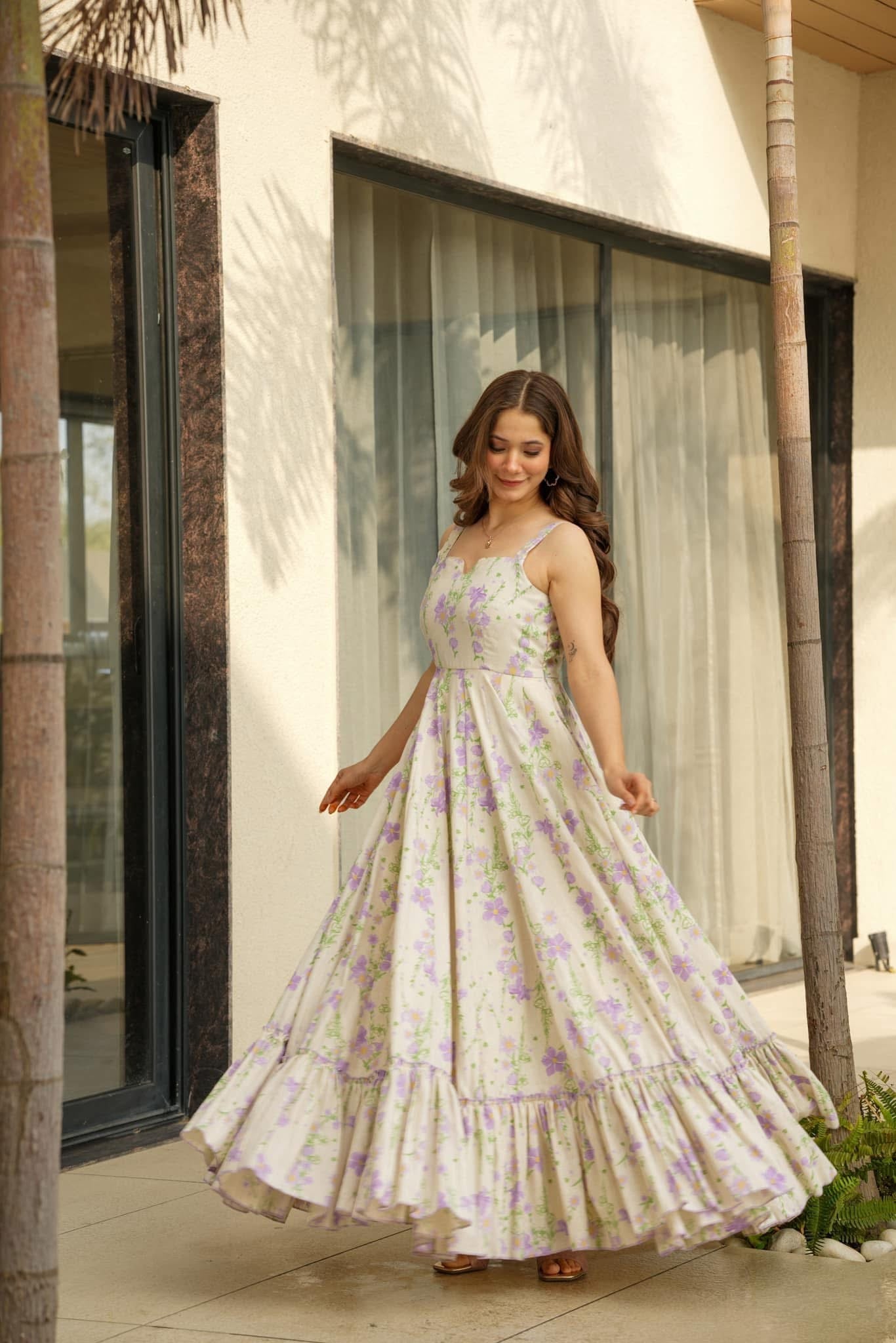Lorenvalley Cream Rayon Floral Print Fit & Flare Gown