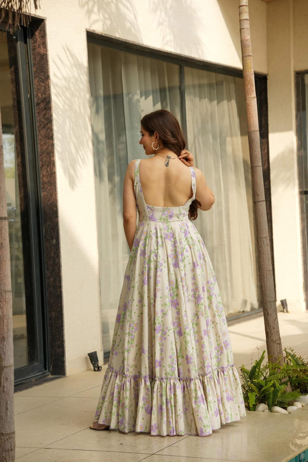 Lorenvalley Cream Rayon Floral Print Fit & Flare Gown