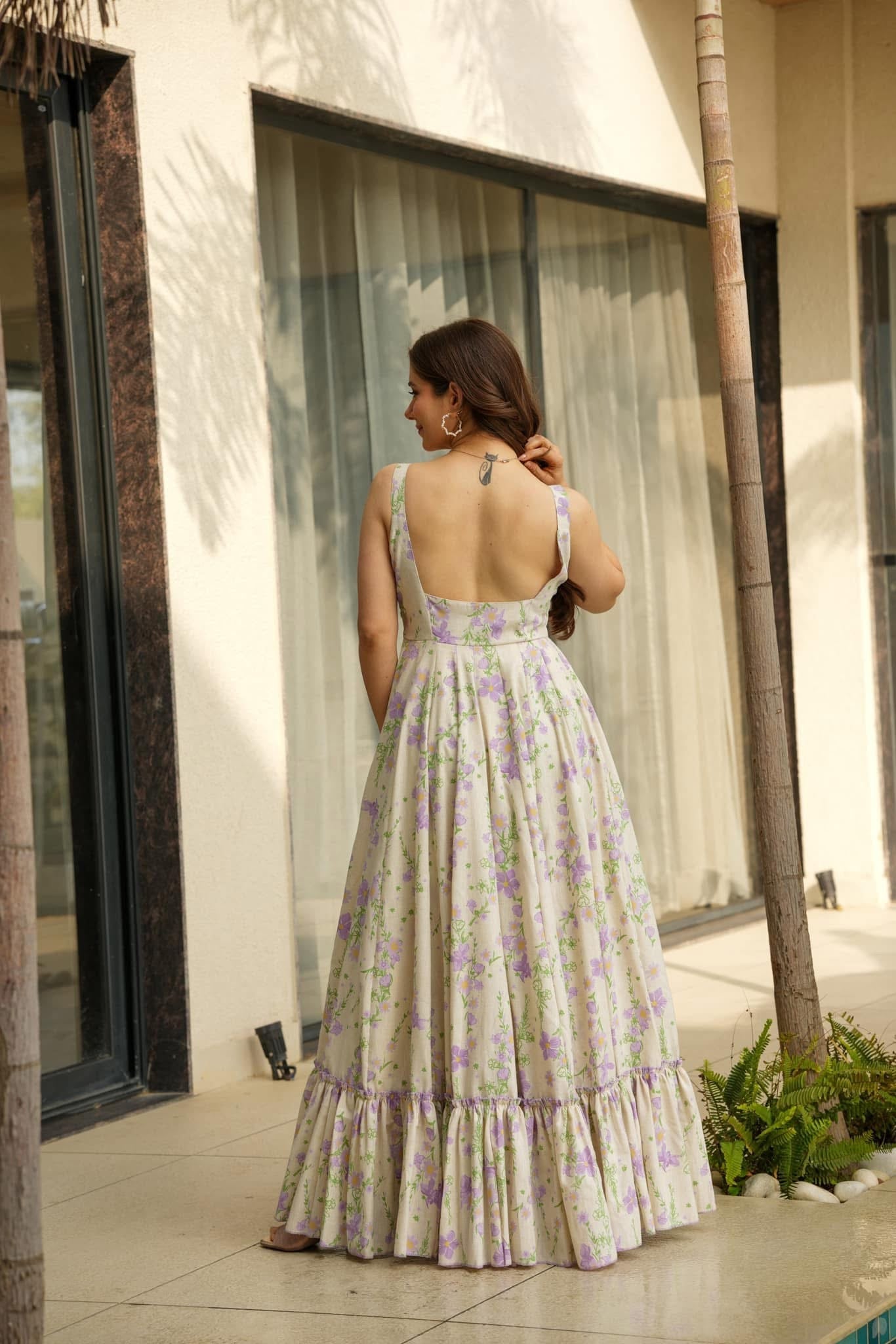 Lorenvalley Cream Rayon Floral Print Fit & Flare Gown