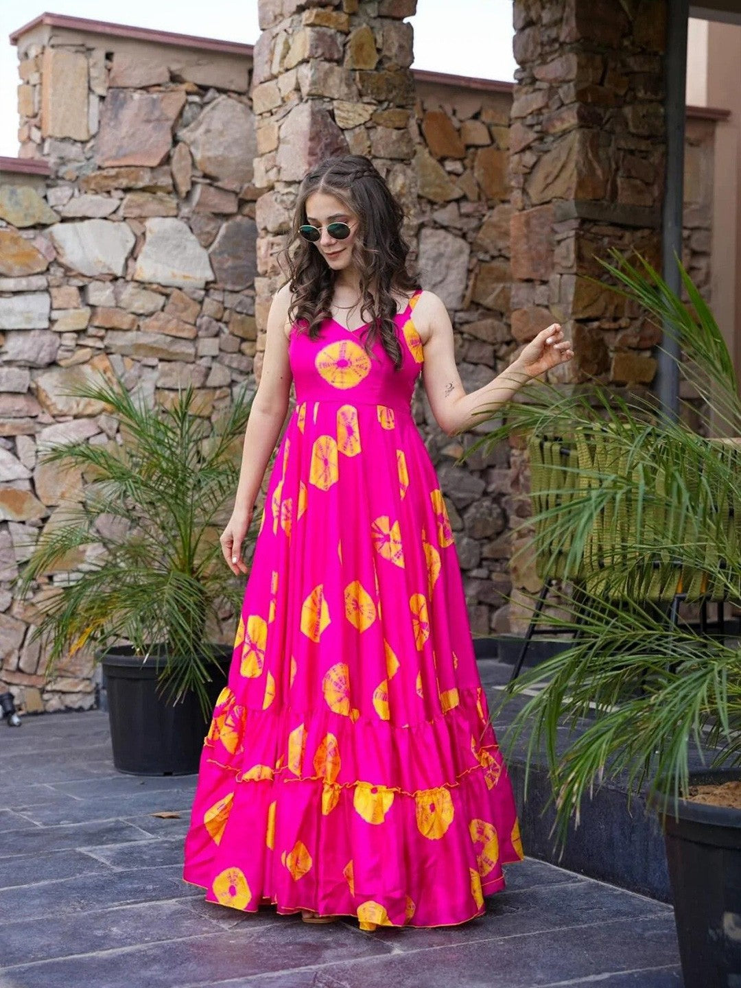 Lorenvalley Magenta Rayon Floral Print Fit & Flare Gown
