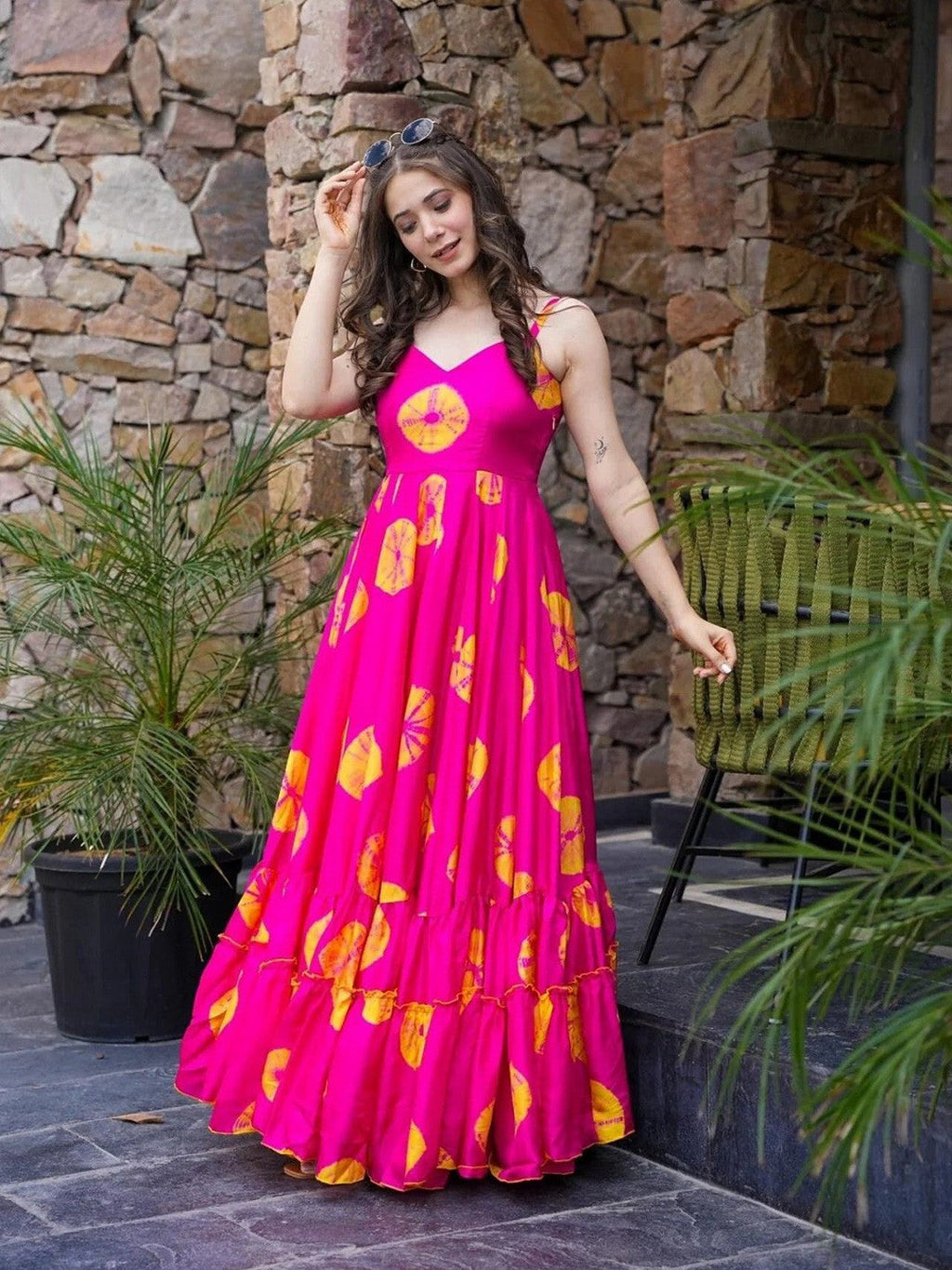 Lorenvalley Magenta Rayon Floral Print Fit & Flare Gown
