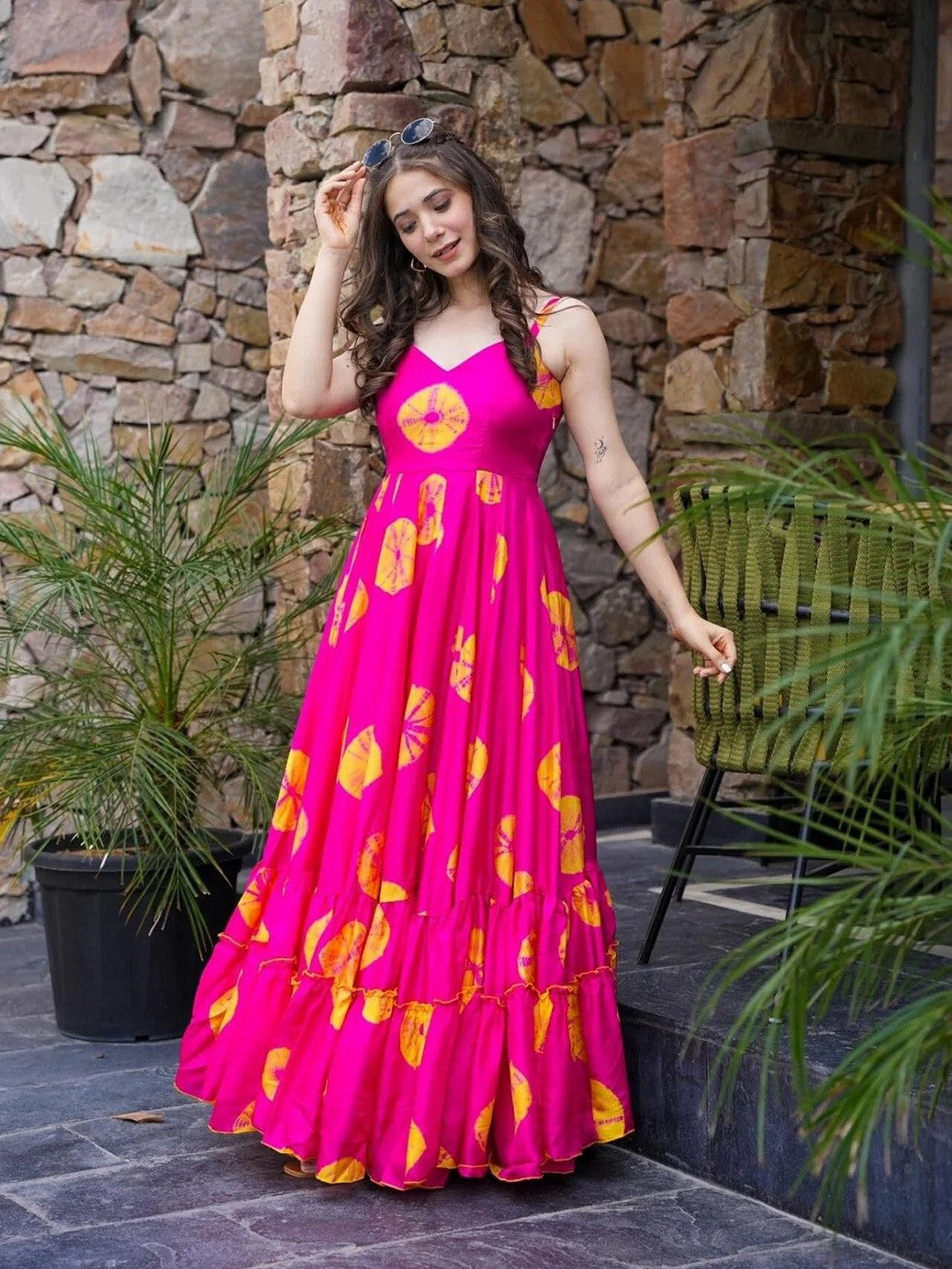 Lorenvalley Magenta Rayon Floral Print Fit & Flare Gown