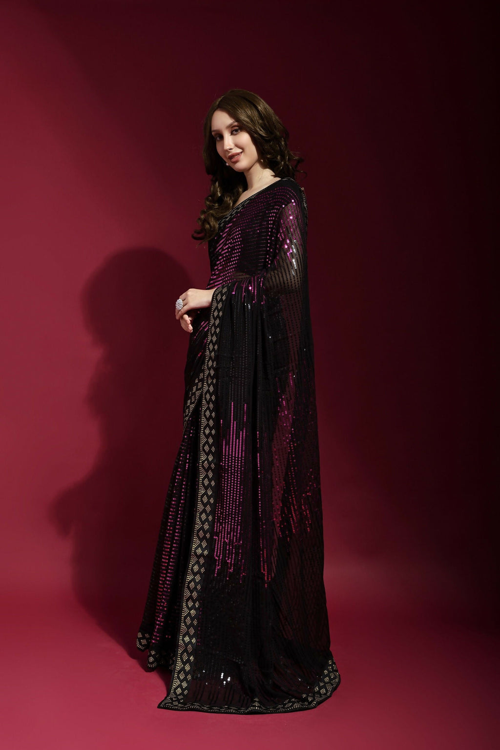 Vegaa Fashion Black Georgette Embroidered Party Wear Saree