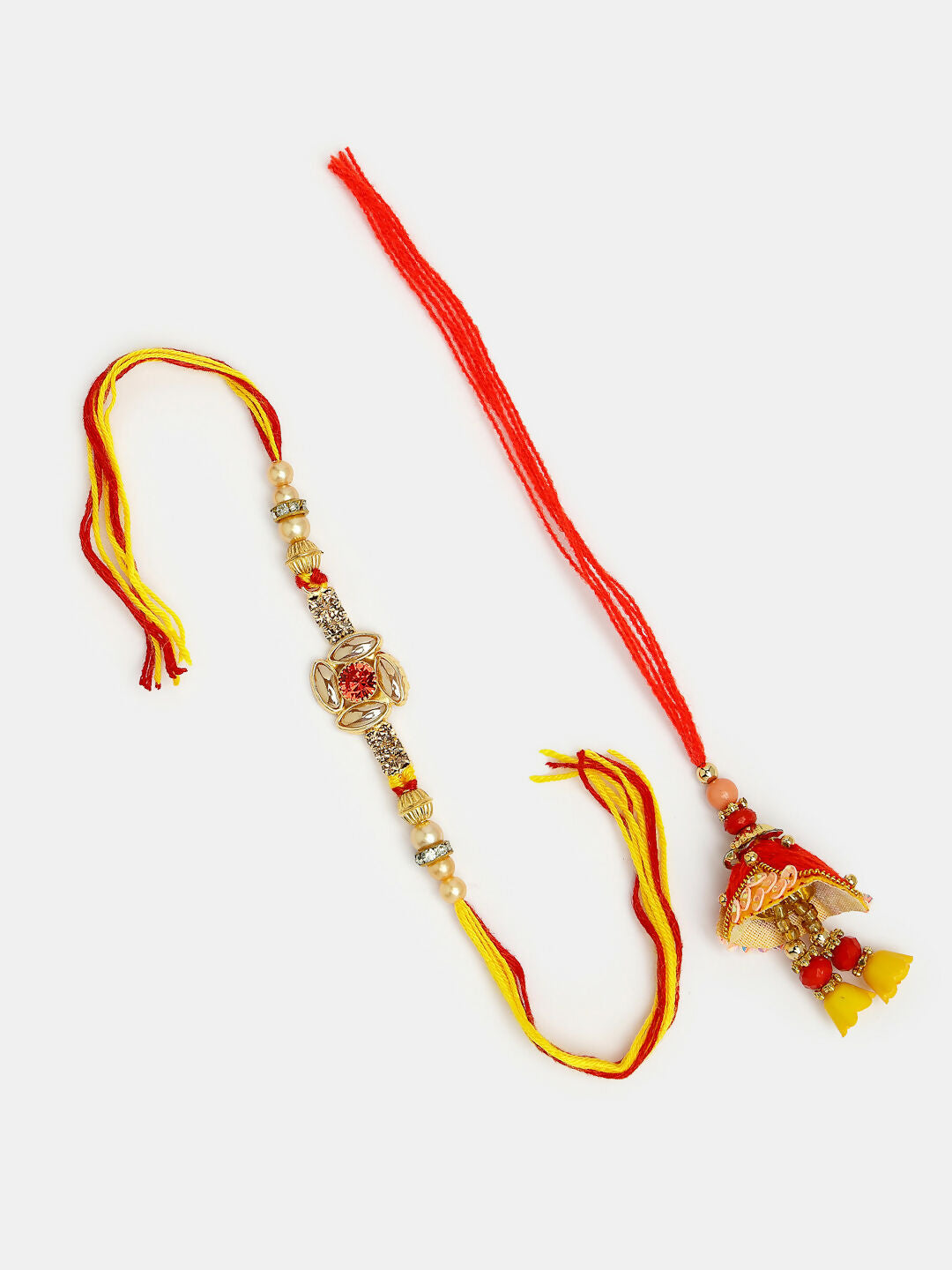 NVR Women & Men Set of 2 Red & Gold-Toned Stone-Studded Bhaiya Bhabhi Rakhi With Roli Chawal