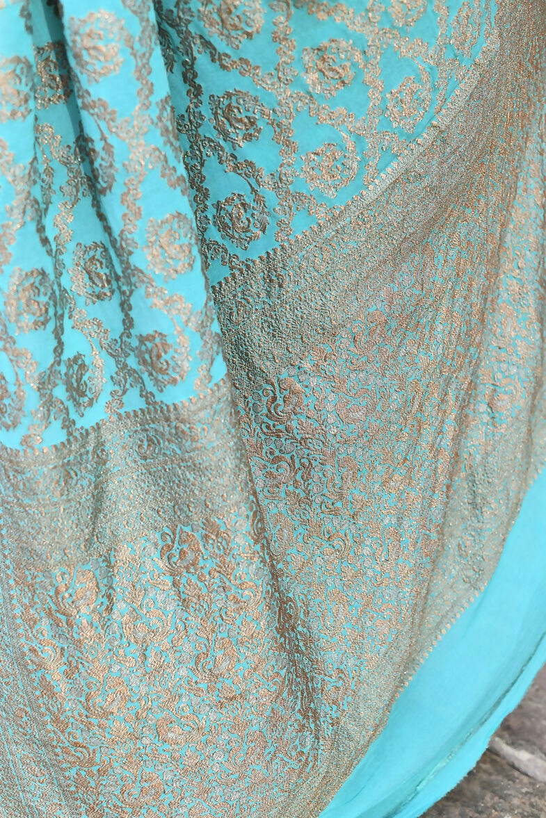 Joban Fashion Teal Green Crepe Chiffon Pure Handloom Banarasi Silk Saree