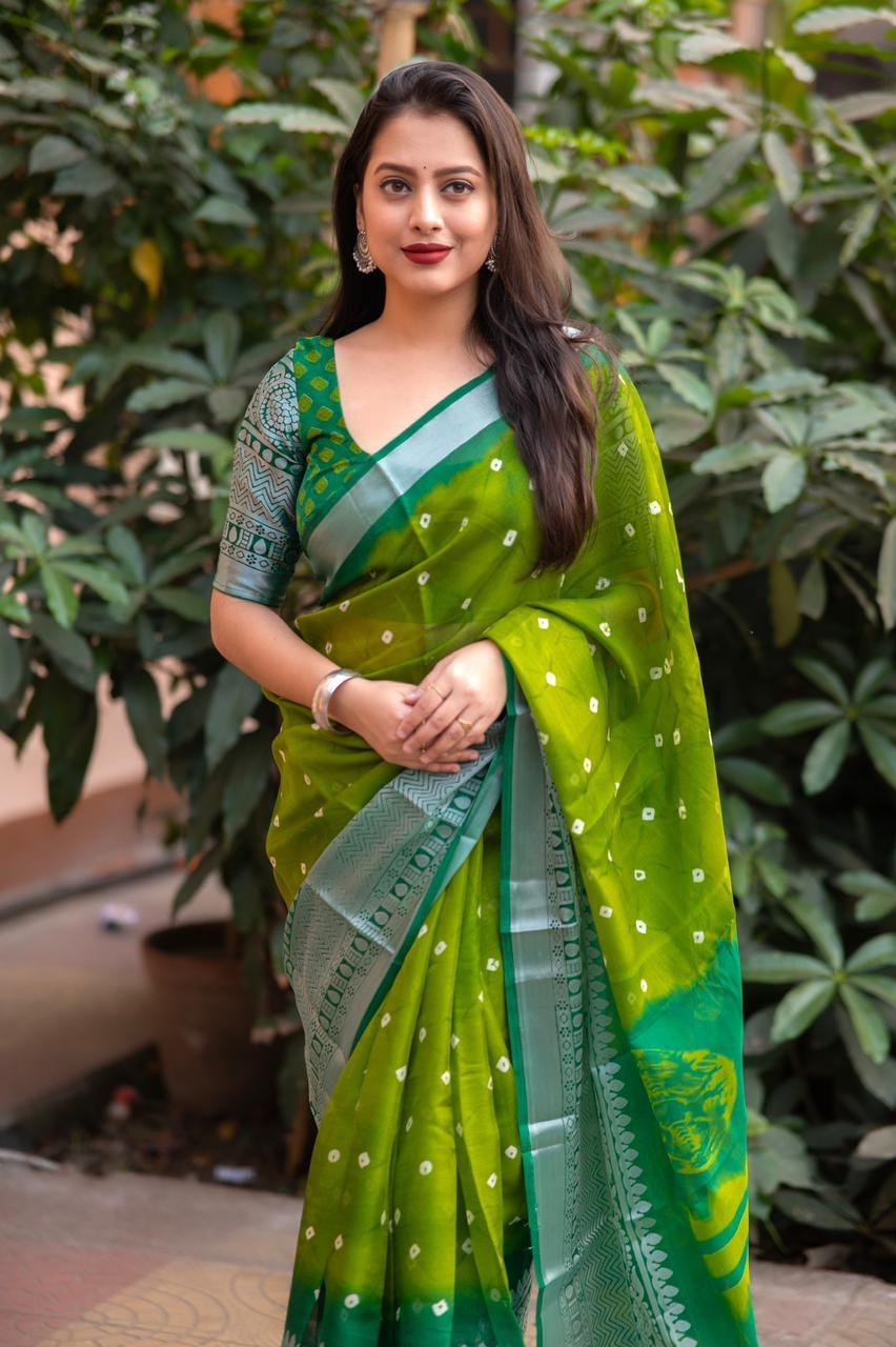 Green Jute Silk Ethnic Motifs Saree with Unstitched Blouse - Hiral Fashion