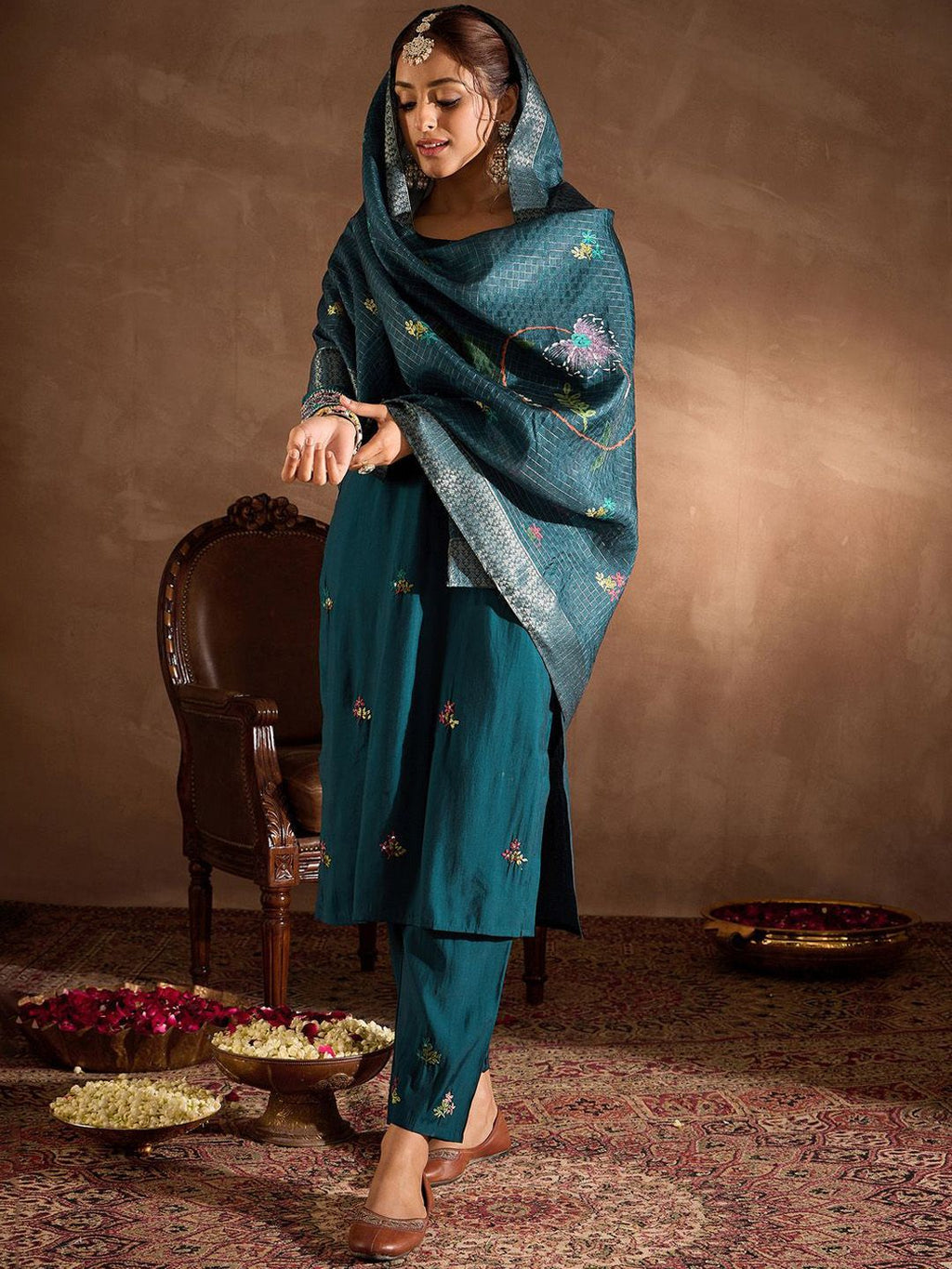 Indo Era Floral Embroidered Thread Work Straight Kurta With Trousers & Dupatta