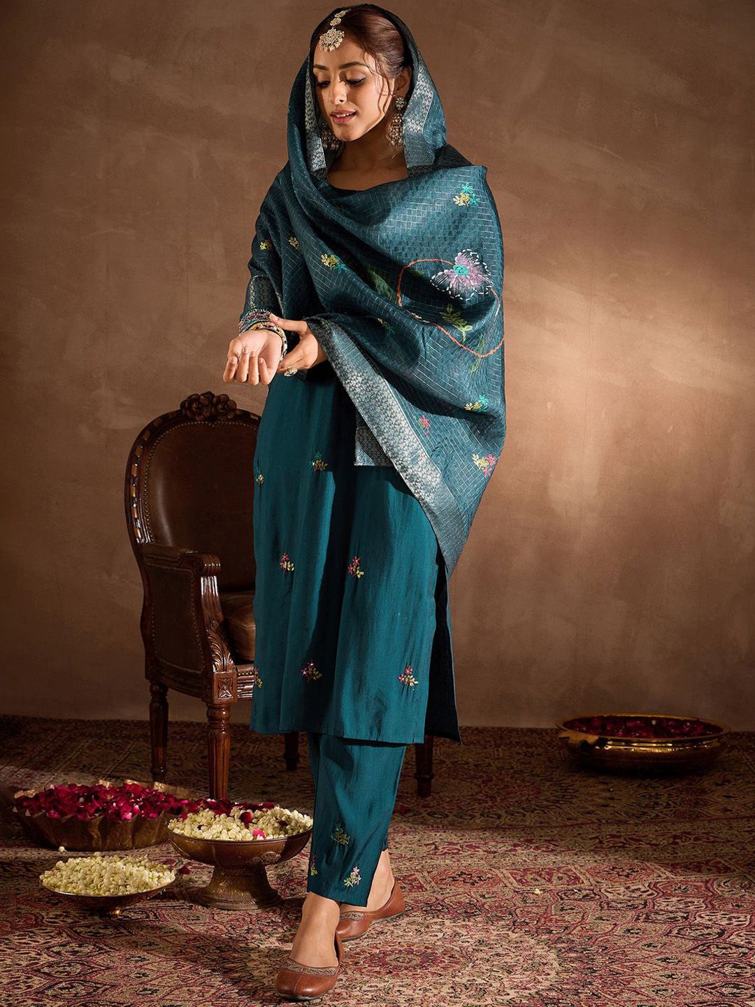 Indo Era Floral Embroidered Thread Work Straight Kurta With Trousers & Dupatta