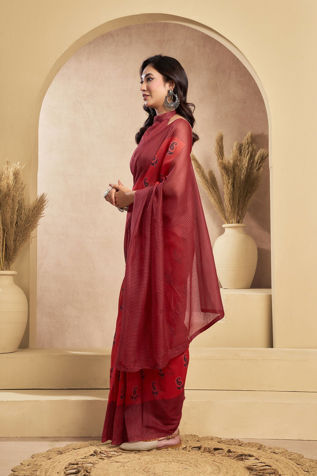 Vastranavya Rust Digital Printed Linen Ready To Wear Designer Saree with Unstitched Blouse