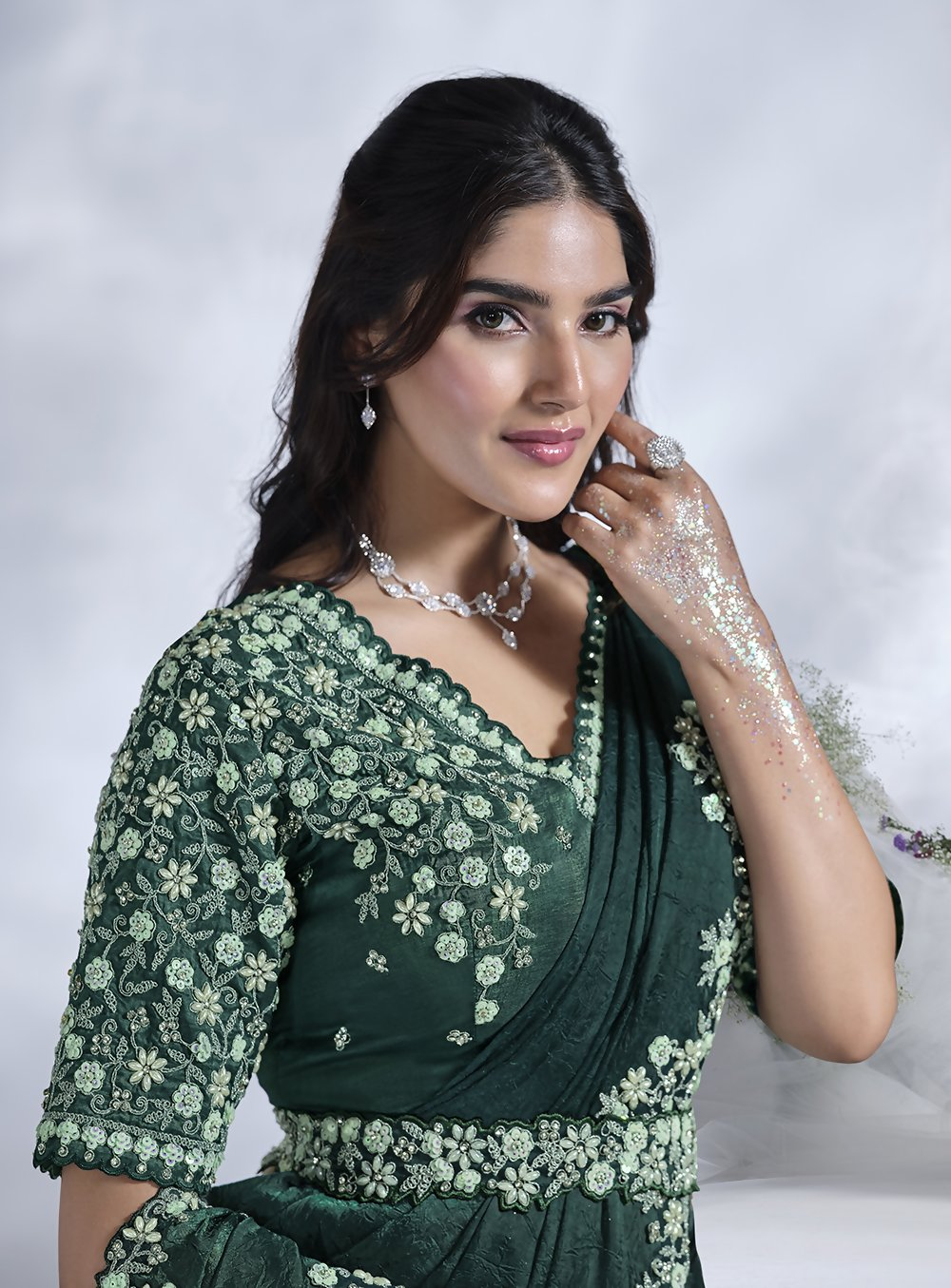 Green Two Tone Satin Silk Designer Ready to wear saree with stithced Blouse - Mohmanthan Aura