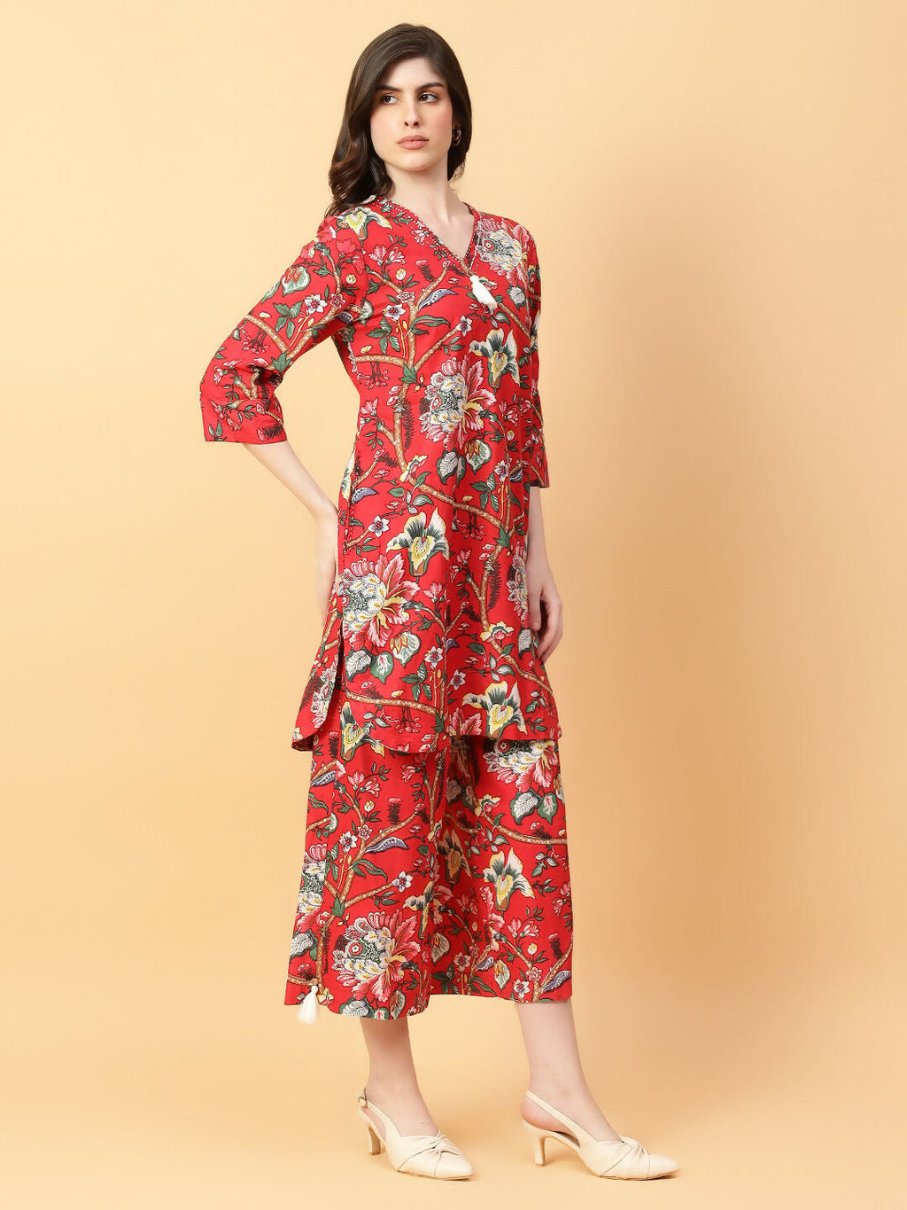 Joban Fashion Red Cotton Printed & Hand Work Co-ord Set