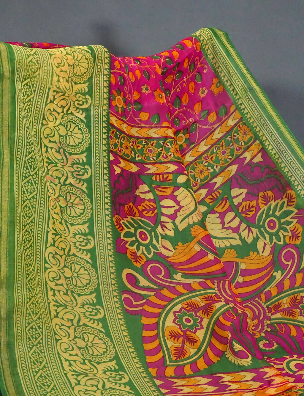 Vibrant Shades Of Pink Kalamkaari Design Semi Chanderi Saree With Contrast Blouse By Gayathri Reddy Designer Studio