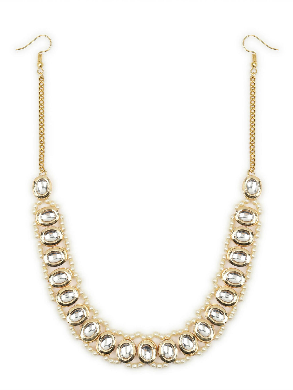 Gold-Polished White Kundan-Studded Pearl Beaded Hair Band - Ruby Raang