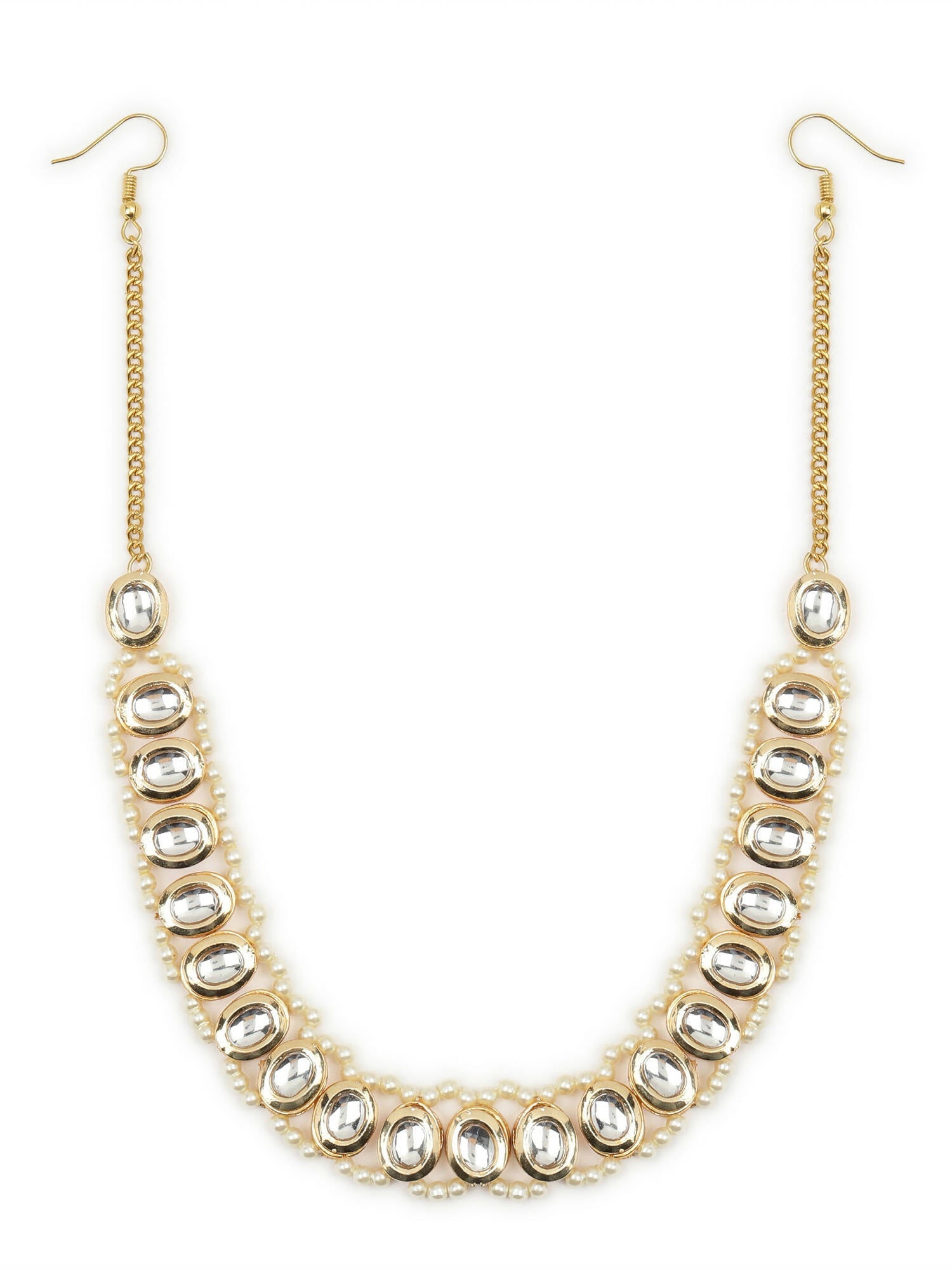 Gold-Polished White Kundan-Studded Pearl Beaded Hair Band - Ruby Raang